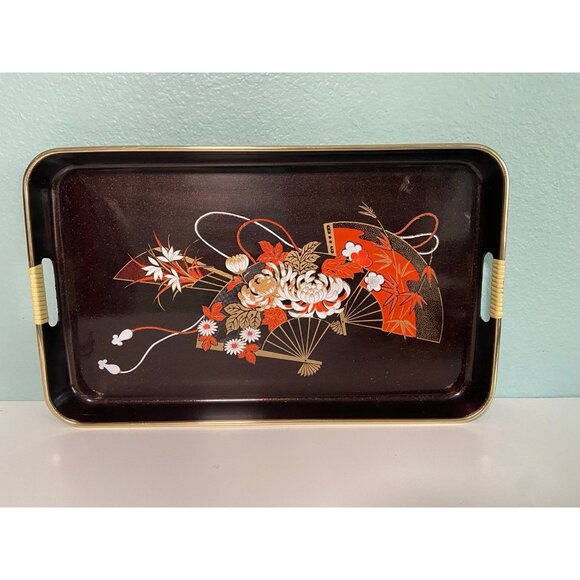 Vintage Made In Japan Toyo Plastic 70s Orange and Brown Tray with‎ Handles - Picture 1 of 7